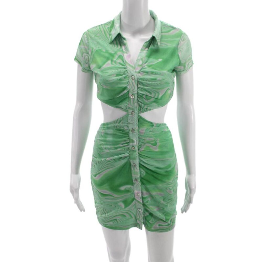 NIA Womens Shirt Dress Green Geometric Short Sleeve Button Knee Size XS